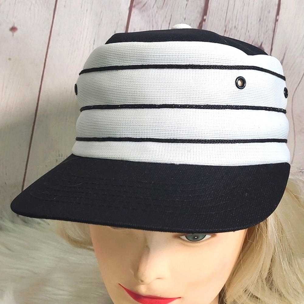 Vintage 80s Nautical White Black Stripes Adjustable Snapback Hat Cap Korea Sz XS